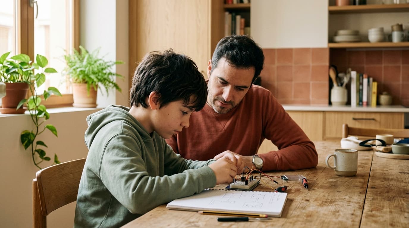 Padre e hijo de once años trabajando juntos en la mesa