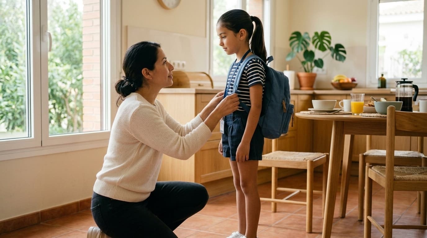 Madre ajustando la mochila de su hijo antes de salir