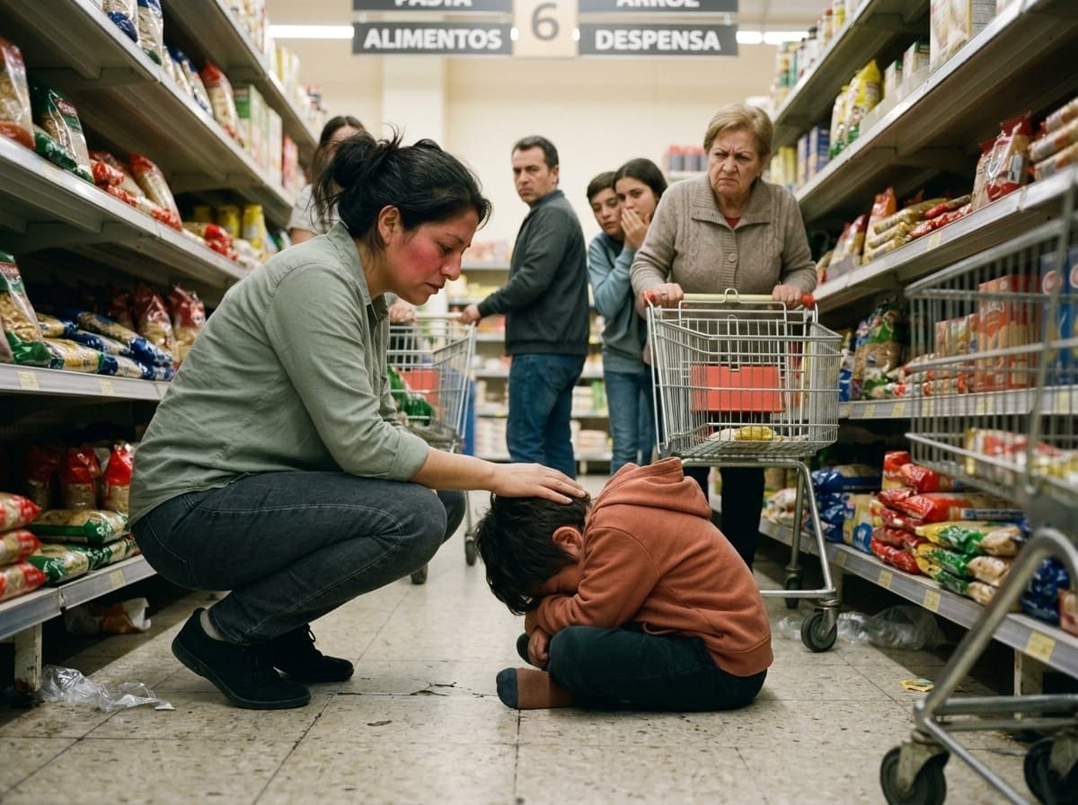 Niño en el suelo de un supermercado con su madre agachada al lado