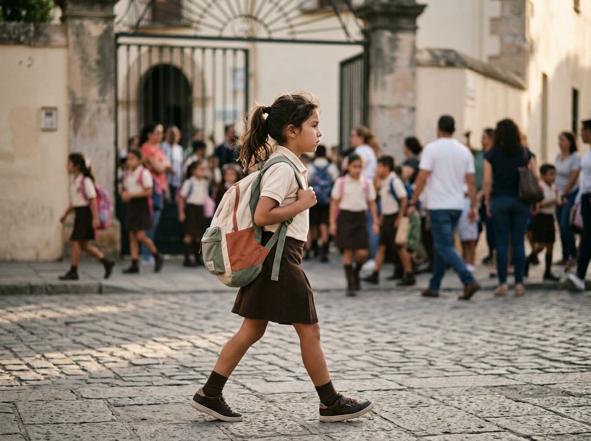 Niña saliendo de la escuela con su mochila