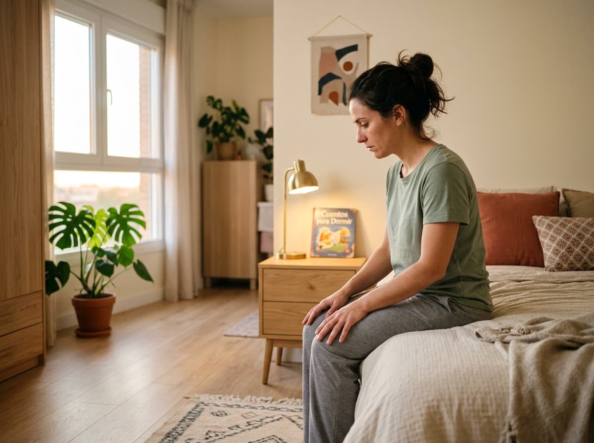 Madre sentada en el borde de la cama al final del día