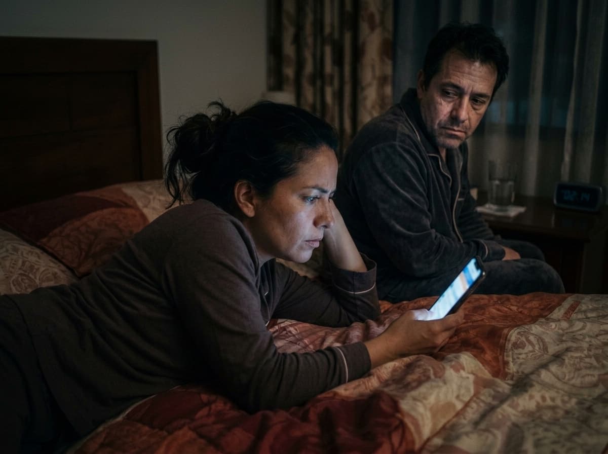 Madre mirando el celular de madrugada