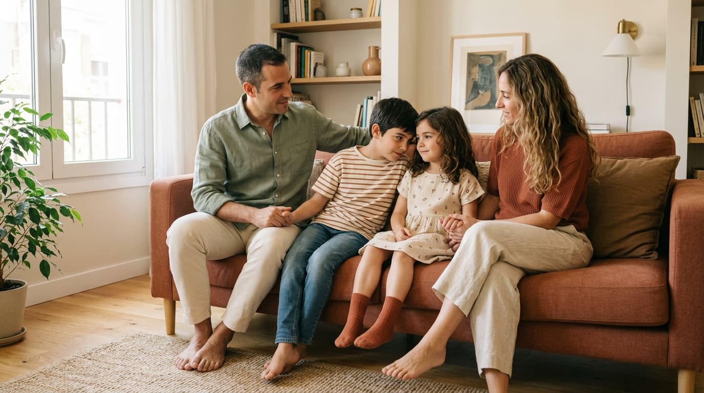 Familia sentada junta en el sofá